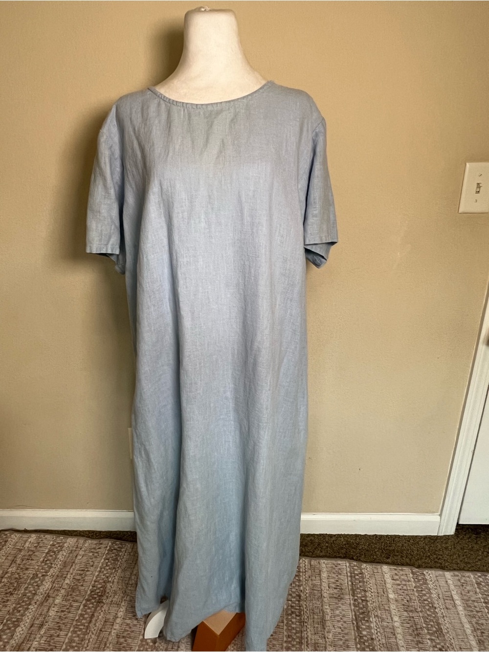 Sweet Jessie Blue Linen Woven Shift Dress 2X Petite Round Neck Short Sleeve Long